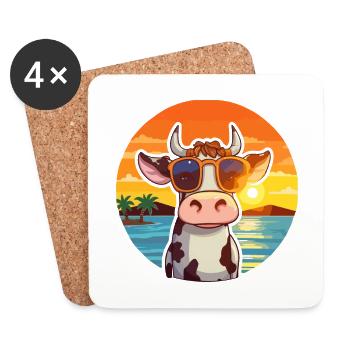 Vache Drôle Dessin Animé Kawaii Plage Illustration - Dessous de verre (lot de 4) - blanc - Devant