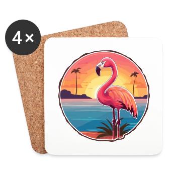 Flamingo Funny Cartoon Kawaii Beach Illustration - Coasters (set of 4) - white - Front