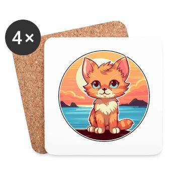Kitten Funny Cartoon Kawaii Beach Illustration - Coasters (set of 4) - white - Front