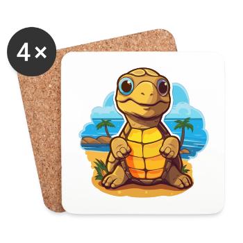 Sea Turtle Funny Cartoon Kawaii Beach Illustration - Coasters (set of 4) - white - Front