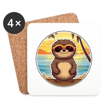 Sloth Funny Cartoon Kawaii Beach Illustration - Coasters (set of 4) - white - Front