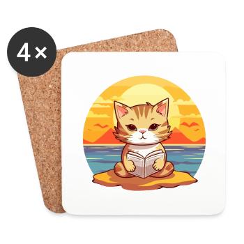 Chat Mignon Drôle Dessin Animé Kawaii Livre Plage - Dessous de verre (lot de 4) - blanc - Devant
