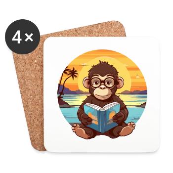Singe Mignon Drôle Dessin Animé Kawaii Livre Plage - Dessous de verre (lot de 4) - blanc - Devant