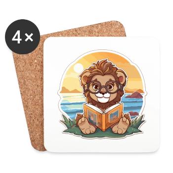 Lion Cute Funny Cartoon Kawaii Book Beach - Coasters (set of 4) - white - Front