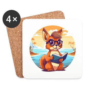 Squirrel Cute Funny Cartoon Kawaii Book Beach - Coasters (set of 4) - white - Front