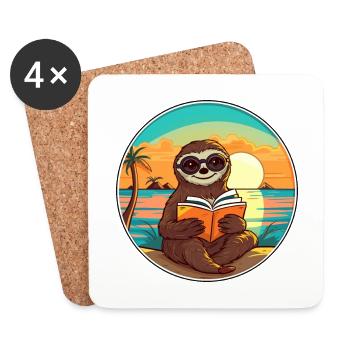 Paresseux mignon drôle dessin animé Kawaii livre plage - Dessous de verre (lot de 4) - blanc - Devant