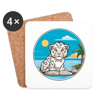 Snow Leopard Watercolor Cartoon Kawaii Clipart Pet - Coasters (set of 4) - white - Front
