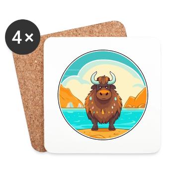 Yak aquarelle dessin animé Kawaii Clipart Animal - Dessous de verre (lot de 4) - blanc - Devant