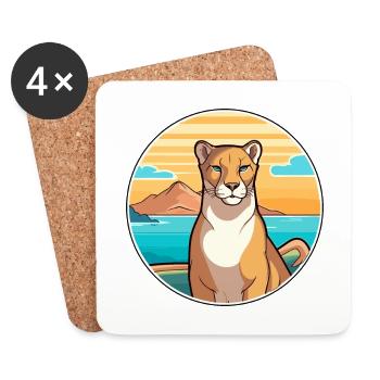 Cougar aquarelle dessin animé Kawaii Clipart Animal - Dessous de verre (lot de 4) - blanc - Devant