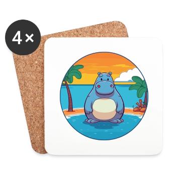 Hippo Watercolor Cartoon Kawaii Clipart Animal - Coasters (set of 4) - white - Front