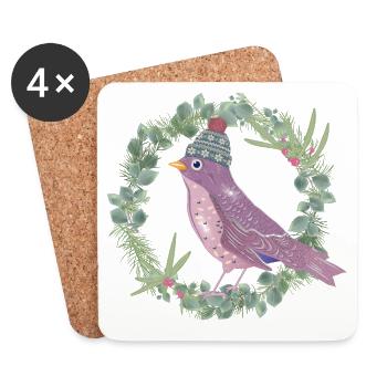 Vogel mit Misteln & Eukalyptus in Winter Stimmung - Untersetzer (4er-Set) - Weiß - Vorne