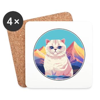 Chat à poil court British Fold Coloré Cartoon Waterc - Dessous de verre (lot de 4) - blanc - Devant