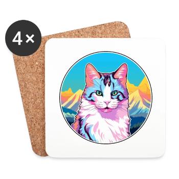 Japonais Bobtail chat coloré dessin animé aquarelle I - Dessous de verre (lot de 4) - blanc - Devant