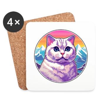 British Shorthair chat coloré dessin animé aquarelle - Dessous de verre (lot de 4) - blanc - Devant