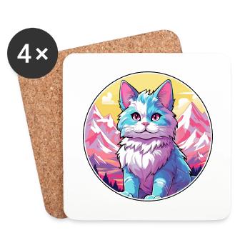 Américain Bobtail chat coloré dessin animé aquarelle I - Dessous de verre (lot de 4) - blanc - Devant