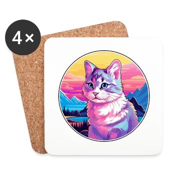 Chat polydactyle américain coloré dessin animé Watercolo - Dessous de verre (lot de 4) - blanc - Devant