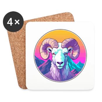 Ram Aquarelle Dessin Animé Kawaii Animal De Compagnie Coloré - Dessous de verre (lot de 4) - blanc - Devant