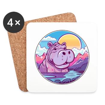 Hippo Watercolor Cartoon Kawaii Pet Animal Colorfu - Coasters (set of 4) - white - Front