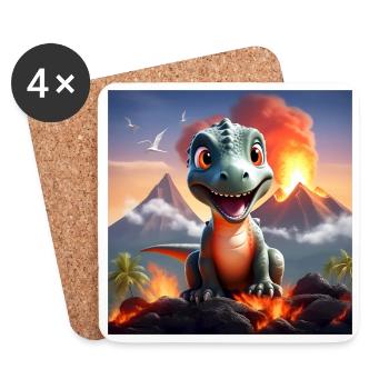 dinosaure mignon avec volcan et lave, T-Rex - Dessous de verre (lot de 4) - blanc - Devant