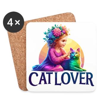 Fille fantaisiste et illustration de chat arc-en-ciel - Dessous de verre (lot de 4) - blanc - Devant
