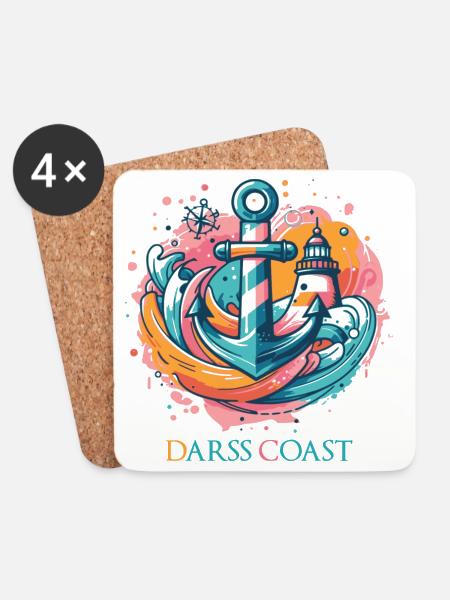 DarssCoast - Wellen Leuchtturm Anker Grafik - Untersetzer (4er-Set) - Weiß
