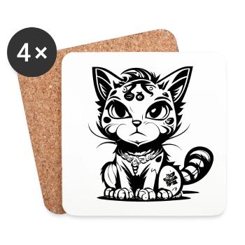 Cute Seated Manga Comic Cat - Coasters (set of 4) - white - Front