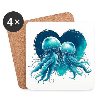 Jellyfish Heart Blue Green V-Day Love Watercolor - Coasters (set of 4) - white - Front