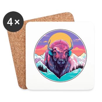 Bison Watercolor Cartoon Kawaii Pet Animal Colorfu - Coasters (set of 4) - white - Front
