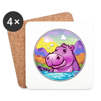 Hippopotame Aquarelle Dessin Animé Kawaii Animal Animal Colorfu - Dessous de verre (lot de 4) - blanc - Devant