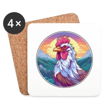 Rooster Watercolor Cartoon Kawaii Pet Animal Color - Coasters (set of 4) - white - Front