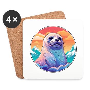 Seal Watercolor Cartoon Kawaii Pet Animal Colorful - Coasters (set of 4) - white - Front