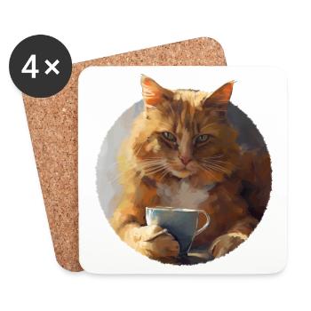 Illustration de Chat avec sa tasse de café - Dessous de verre (lot de 4) - blanc - Devant