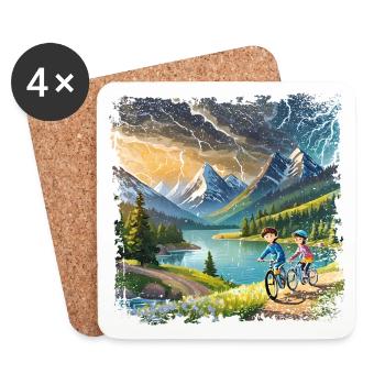 Kinder auf Fahrrädern in Berglandschaft - Untersetzer (4er-Set) - Weiß - Vorne