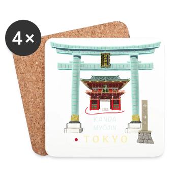 Tokyo, Japon, Kanda Myojin, Torii, Dessin - Dessous de verre (lot de 4) - blanc - Devant