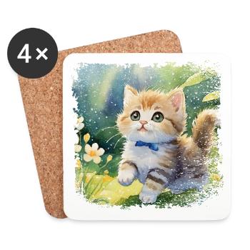 Mignon bébé chat jouant joyeusement dans le jardin - Dessous de verre (lot de 4) - blanc - Devant