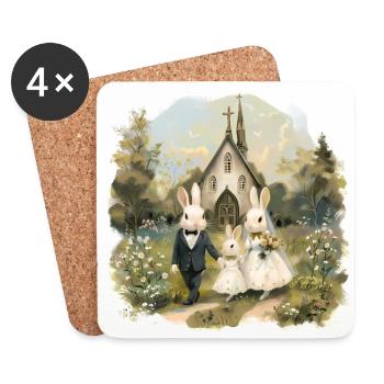 Osterhochzeit der Hasen - Untersetzer (4er-Set) - Weiß - Vorne