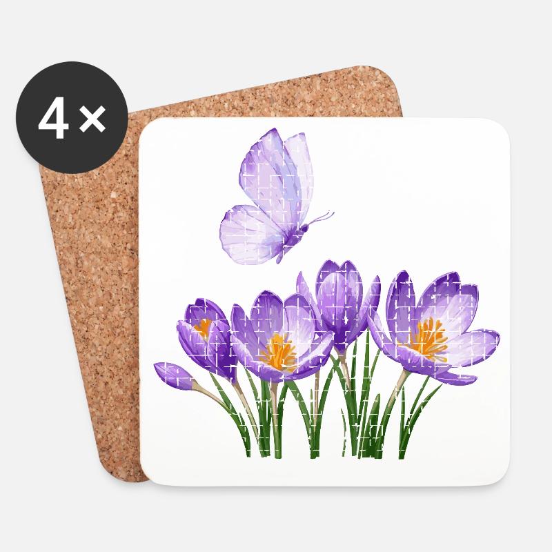 Lila Krokusse & Schmetterling: Gitter-Design - Untersetzer (4er-Set) - Weiß