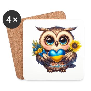 Chouette mignonne avec un coeur bleu jaune - Dessous de verre (lot de 4) - blanc - Devant