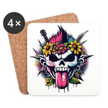 Punk Rock Skull mit Gitarren & Blumen - Untersetzer (4er-Set) - Weiß - Vorne