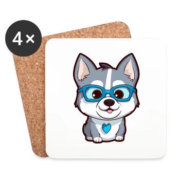Husky Sibérien Chien Race Aquarelle Dessin Animé Kawaii - Dessous de verre (lot de 4) - blanc - Devant