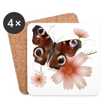 Papillon paon oeil avec des fleurs roses - Dessous de verre (lot de 4) - blanc - Devant