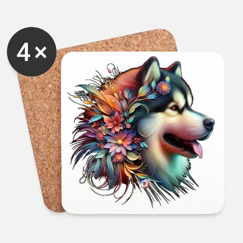 Blumiger Malamute-Kopf - Untersetzer (4er-Set) - Weiß