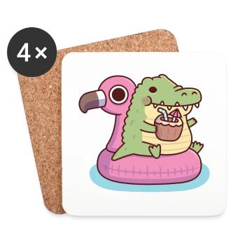 Cute Chubby Crocodile Chilling On Flamingo Float - Coasters (set of 4) - white - Front