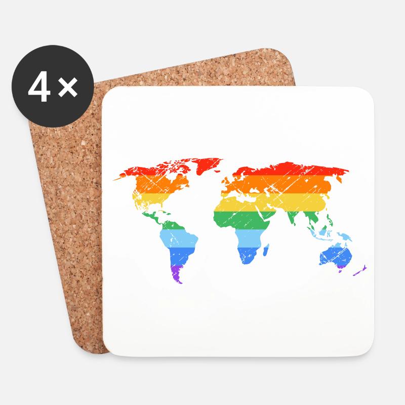 Regenbogen-Weltkarte Pride - Untersetzer (4er-Set) - Weiß