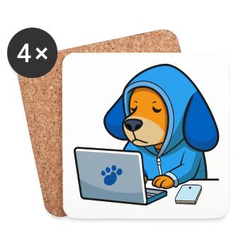 Cute hacker dog sleeps in a hoodie in front of the PC - Coasters (set of 4) - white - Front