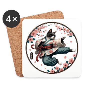 Cat with kimono in a kung fu fighting position - Coasters (set of 4) - white - Front