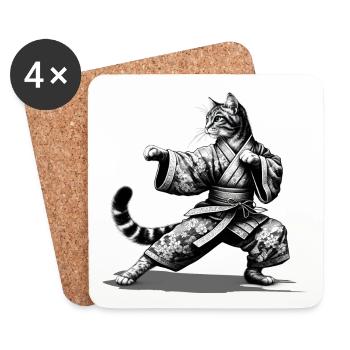 Cat with kimono in a kung fu fighting position - Coasters (set of 4) - white - Front