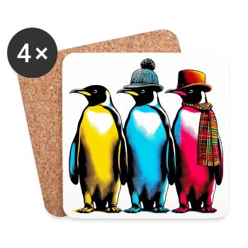 Pingouins pingouins avec chapeau et écharpe - Dessous de verre (lot de 4) - blanc - Devant