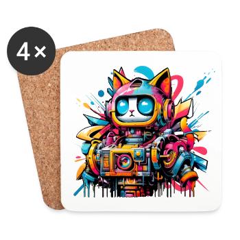 Katze gestaltet als Roboter im Comic Graffiti Stil - Untersetzer (4er-Set) - Weiß - Vorne
