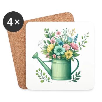 Watering can, luxuriantly filled with pastel-colored flowers - Coasters (set of 4) - white - Front